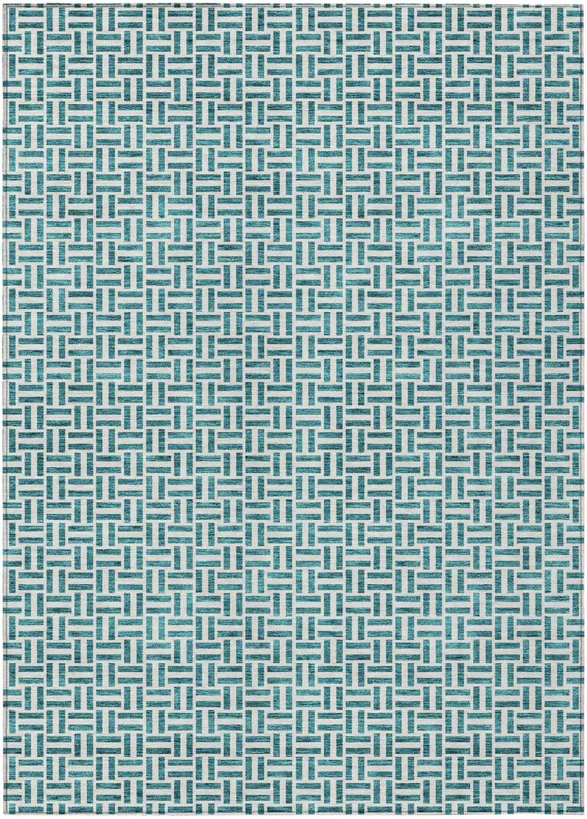Teal Blue And Silver Geometric Washable Indoor Outdoor Area Rug Photo 2