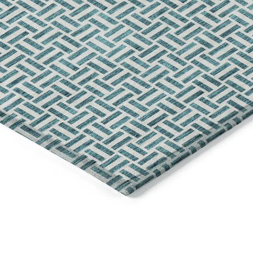 Teal Blue And Silver Geometric Washable Indoor Outdoor Area Rug Photo 5