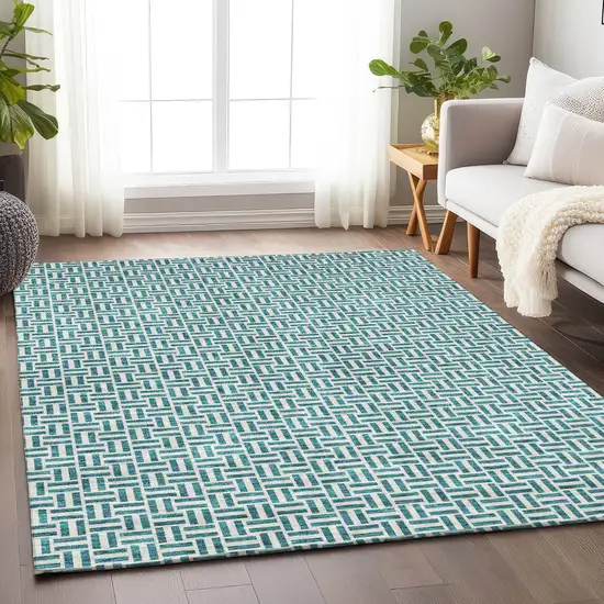 Teal Blue And Silver Geometric Washable Indoor Outdoor Area Rug Photo 9