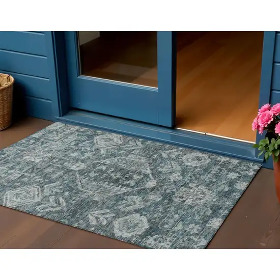 Teal Blue And Silver Medallion Washable Indoor Outdoor Area Rug Photo 1