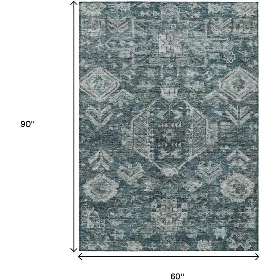 Teal Blue And Silver Medallion Washable Indoor Outdoor Area Rug Photo 3