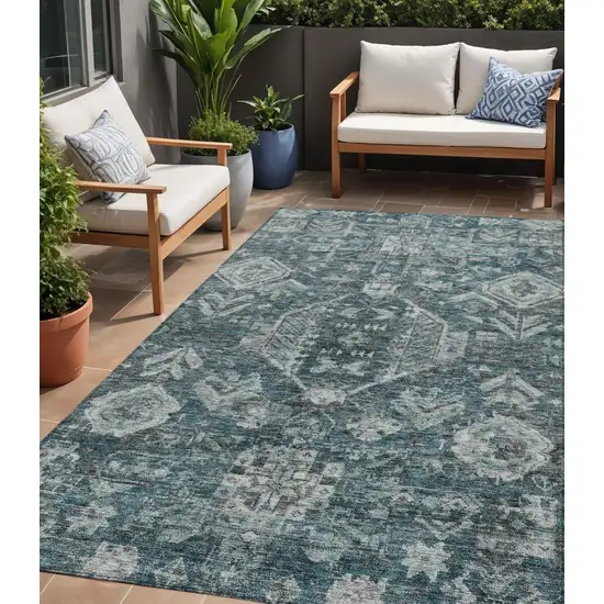 Teal Blue And Silver Medallion Washable Indoor Outdoor Area Rug Photo 1