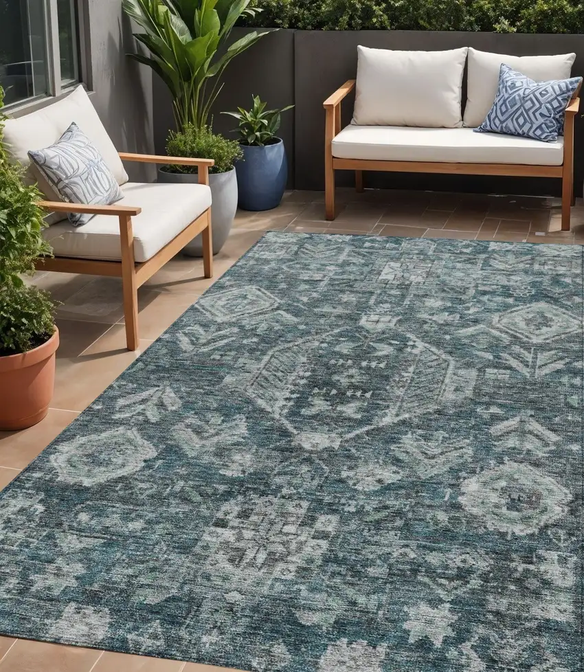 Teal Blue And Silver Medallion Washable Indoor Outdoor Area Rug Photo 1