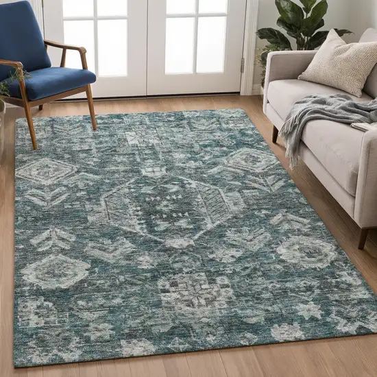 Teal Blue And Silver Medallion Washable Indoor Outdoor Area Rug Photo 5