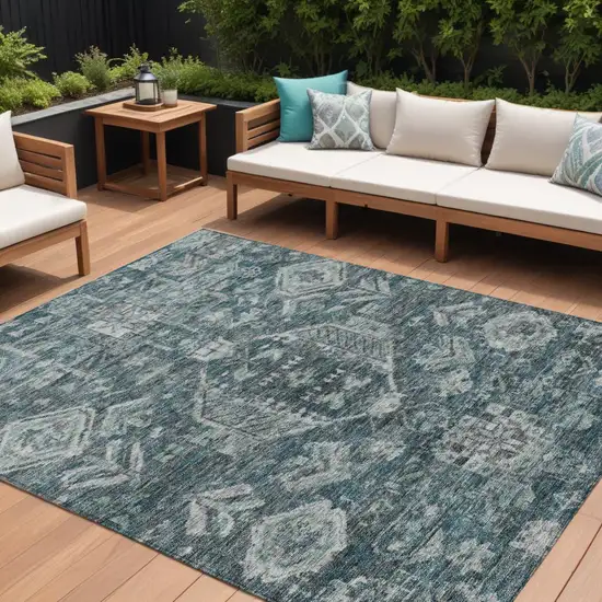 Teal Blue And Silver Medallion Washable Indoor Outdoor Area Rug Photo 1