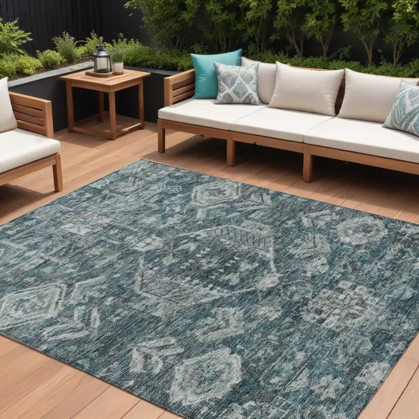 Teal Blue And Silver Medallion Washable Indoor Outdoor Area Rug Photo 1