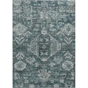 Photo of Teal Blue And Silver Medallion Washable Indoor Outdoor Area Rug