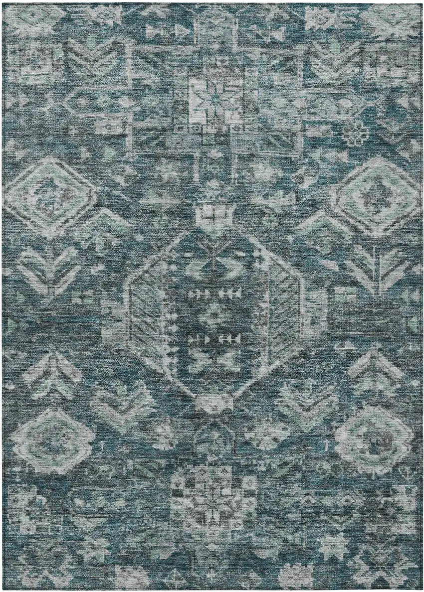 Teal Blue And Silver Medallion Washable Indoor Outdoor Area Rug Photo 1