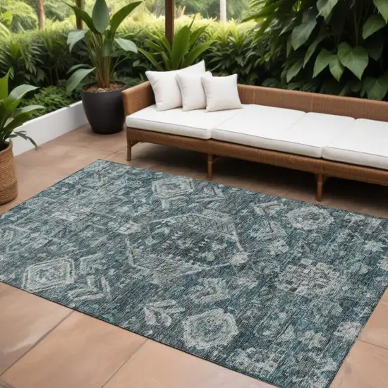 Teal Blue And Silver Medallion Washable Indoor Outdoor Area Rug Photo 1