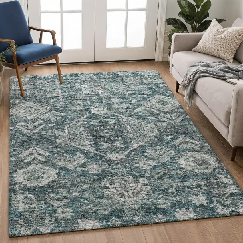 Teal Blue And Silver Medallion Washable Indoor Outdoor Area Rug Photo 5