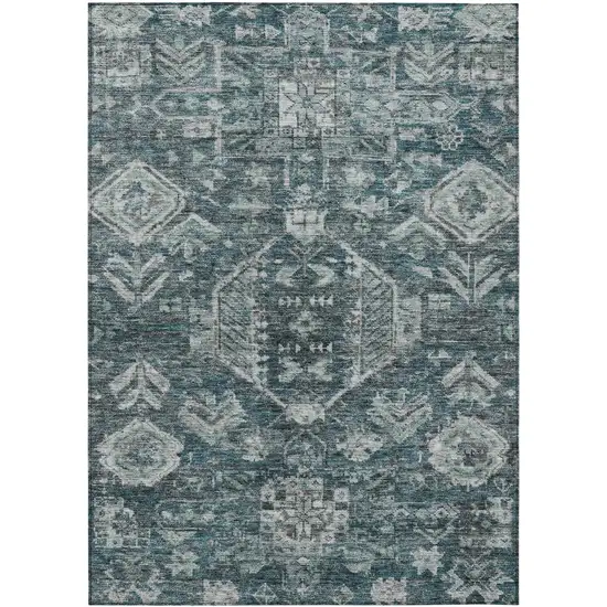 Teal Blue And Silver Medallion Washable Indoor Outdoor Area Rug Photo 1