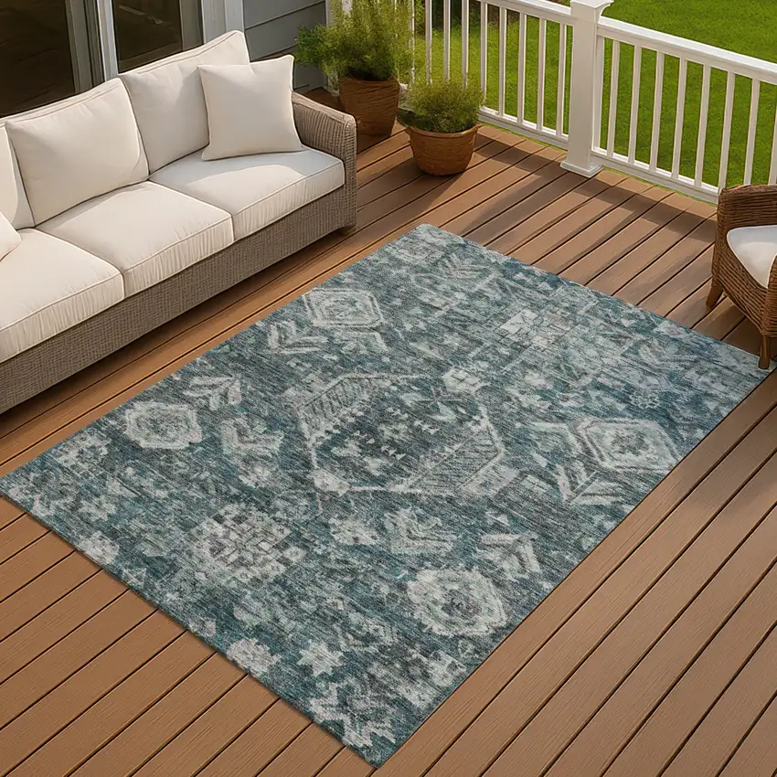 Teal Blue And Silver Medallion Washable Indoor Outdoor Area Rug Photo 4