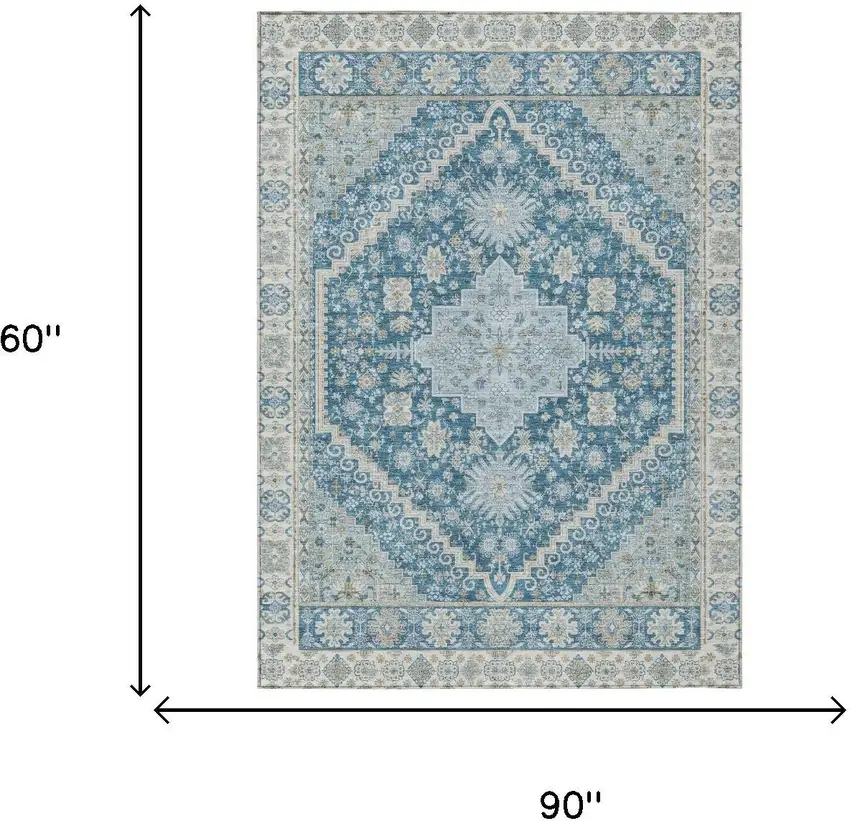 Teal Blue And Silver Oriental Washable Indoor Outdoor Area Rug Photo 5