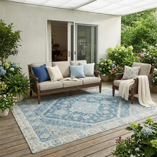Teal Blue And Silver Oriental Washable Indoor Outdoor Area Rug Photo 1
