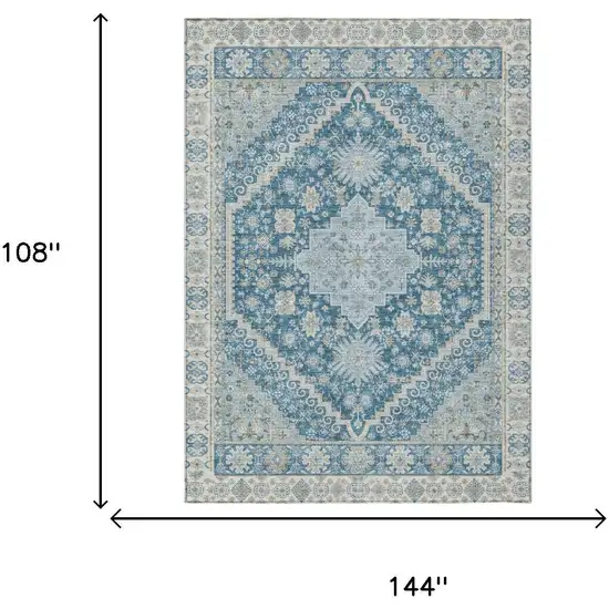 Teal Blue And Silver Oriental Washable Indoor Outdoor Area Rug Photo 5