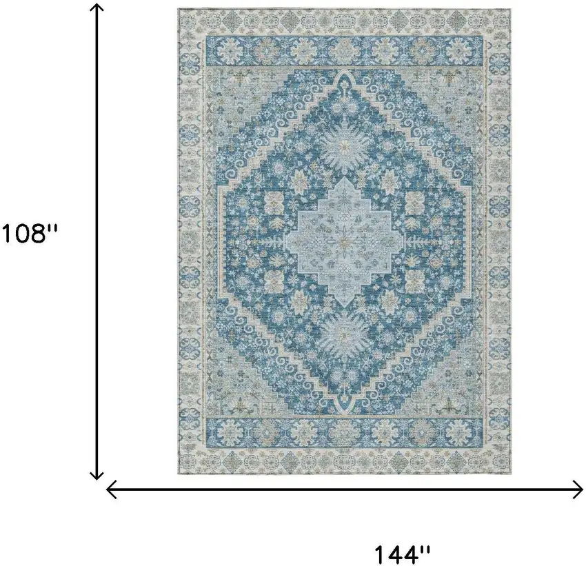 Teal Blue And Silver Oriental Washable Indoor Outdoor Area Rug Photo 5