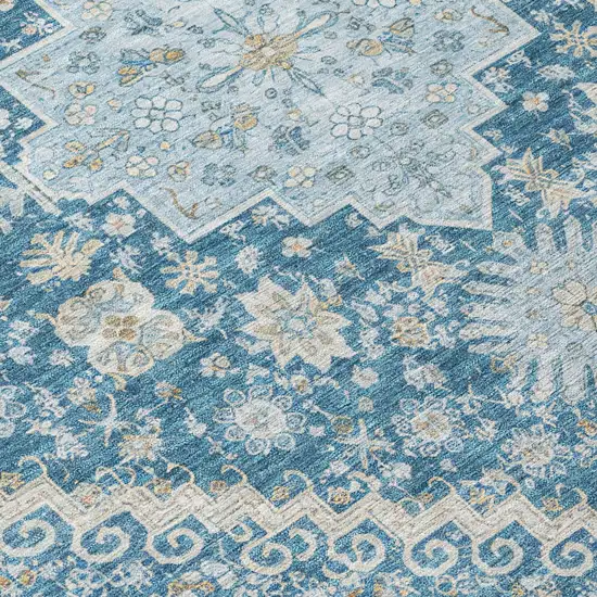 Teal Blue And Silver Oriental Washable Indoor Outdoor Area Rug Photo 4