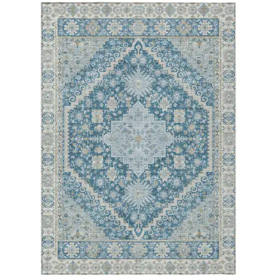 Teal Blue And Silver Oriental Washable Indoor Outdoor Area Rug Photo 2
