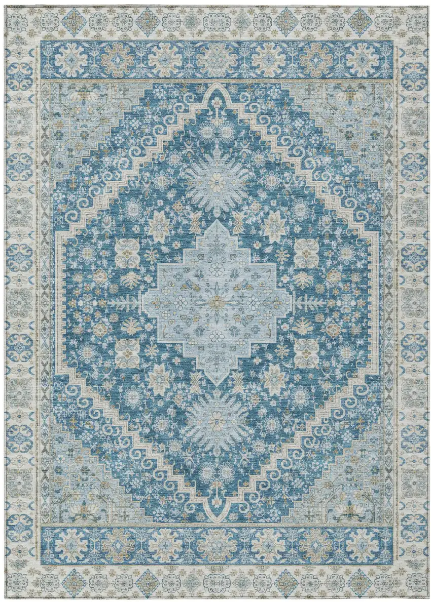 Teal Blue And Silver Oriental Washable Indoor Outdoor Area Rug Photo 2