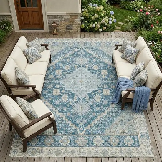 Teal Blue And Silver Oriental Washable Indoor Outdoor Area Rug Photo 1