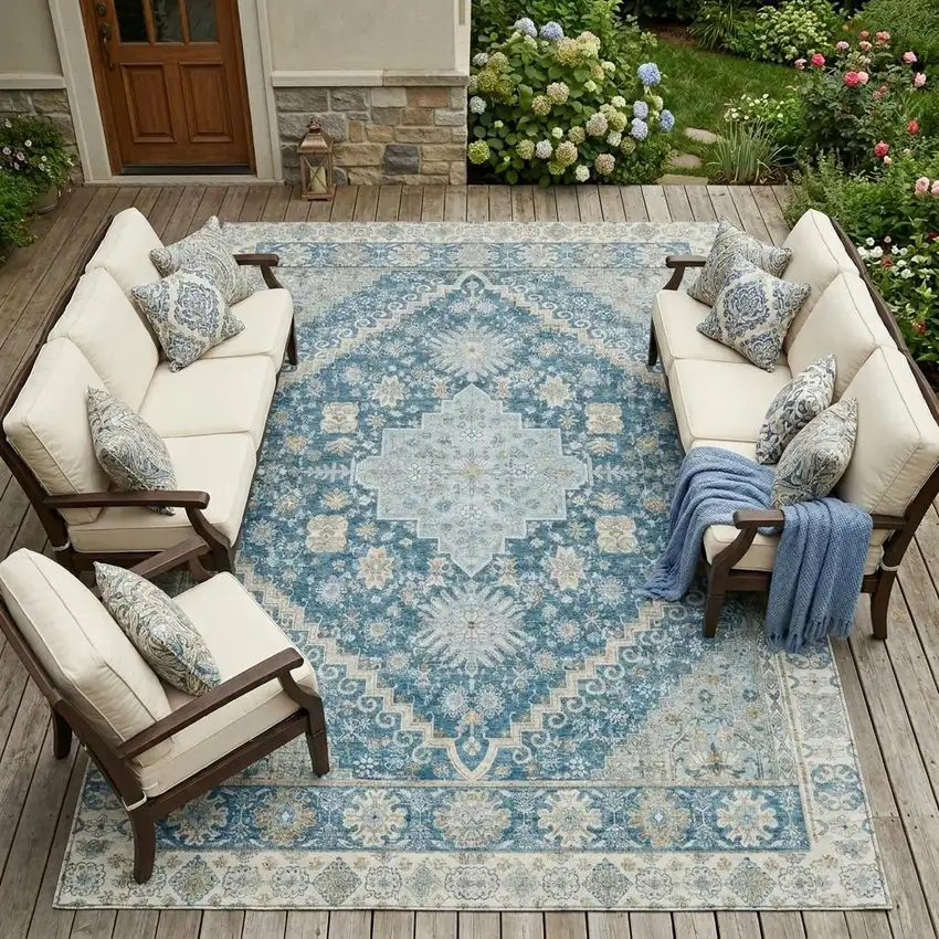 Teal Blue And Silver Oriental Washable Indoor Outdoor Area Rug Photo 1