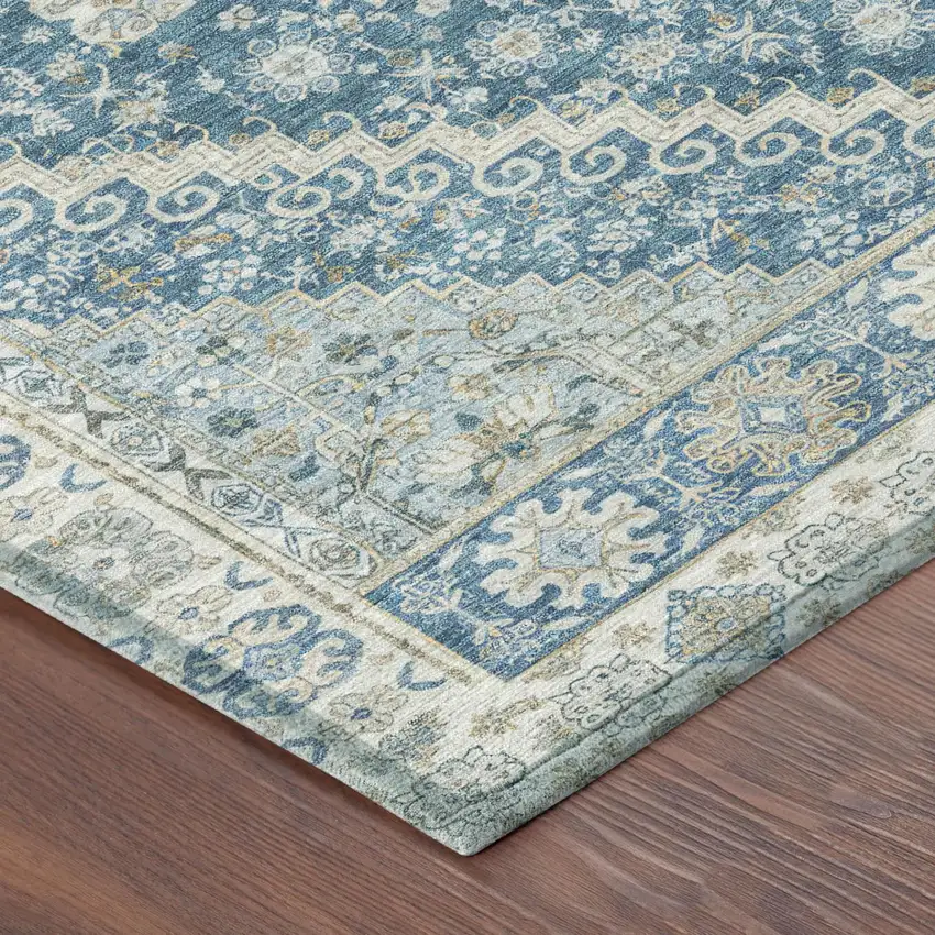 Teal Blue And Silver Oriental Washable Indoor Outdoor Area Rug Photo 3