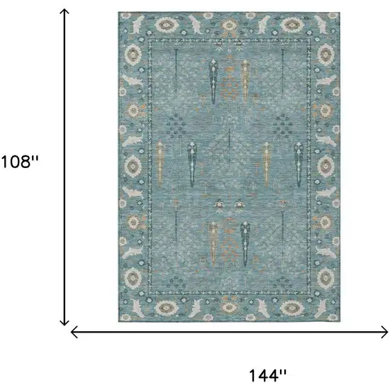 Teal Blue And Silver Oriental Washable Indoor Outdoor Area Rug Photo 5