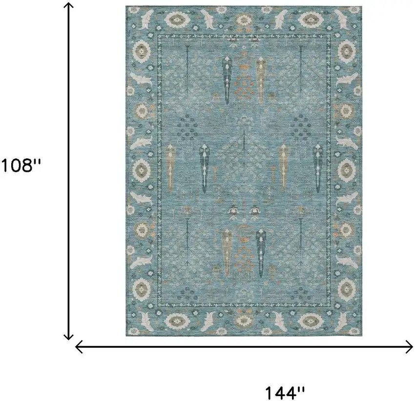 Teal Blue And Silver Oriental Washable Indoor Outdoor Area Rug Photo 5