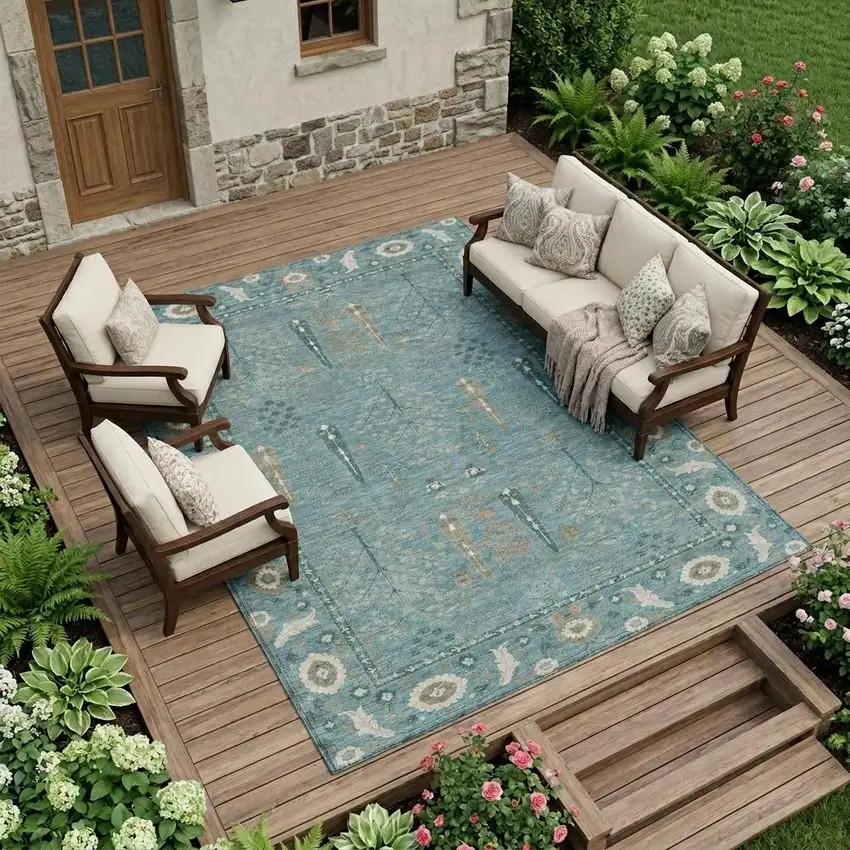 Teal Blue And Silver Oriental Washable Indoor Outdoor Area Rug Photo 1