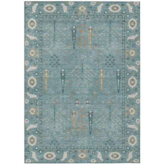 Teal Blue And Silver Oriental Washable Indoor Outdoor Area Rug Photo 2