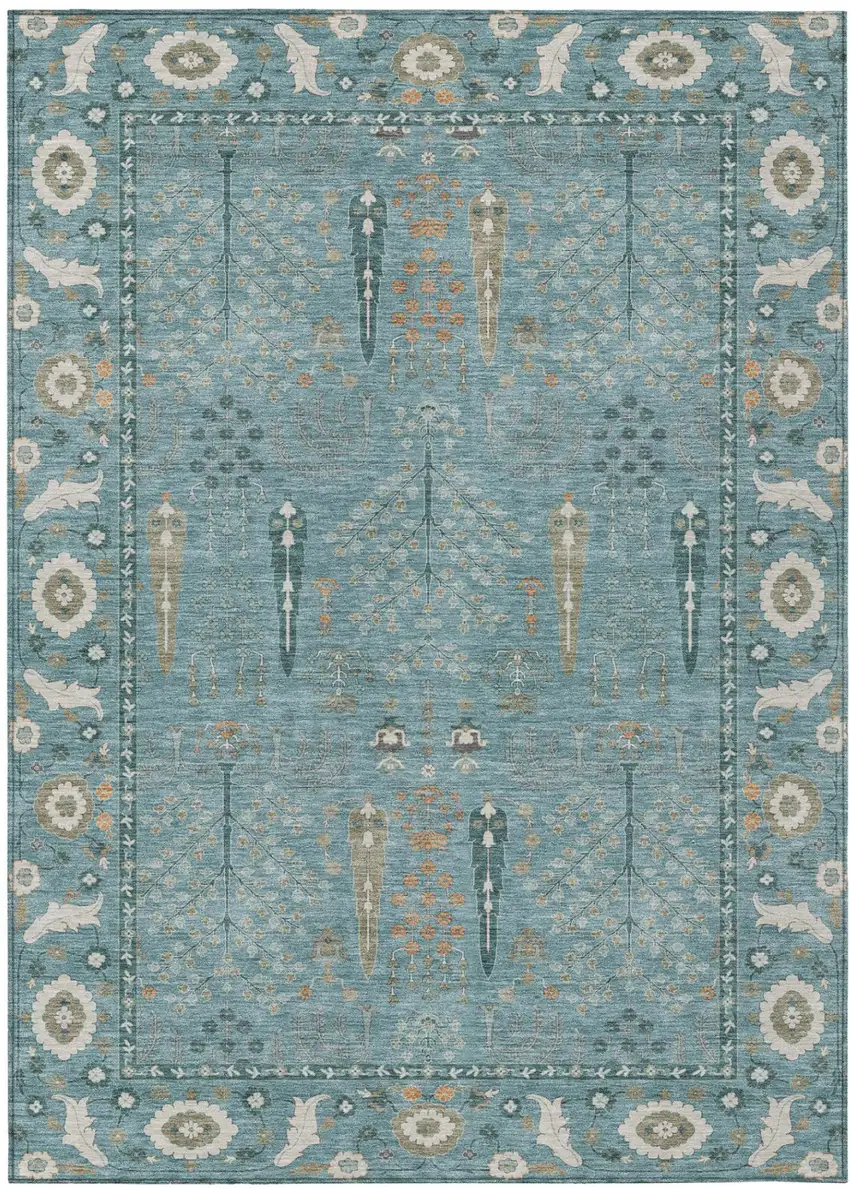 Teal Blue And Silver Oriental Washable Indoor Outdoor Area Rug Photo 2