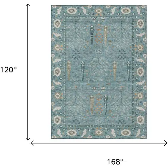 Teal Blue And Silver Oriental Washable Indoor Outdoor Area Rug Photo 5