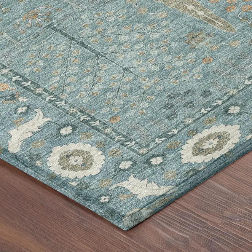 Teal Blue And Silver Oriental Washable Indoor Outdoor Area Rug Photo 3