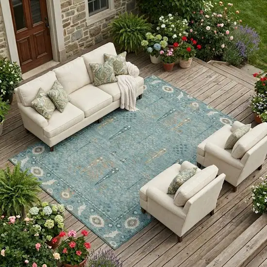 Teal Blue And Silver Oriental Washable Indoor Outdoor Area Rug Photo 1