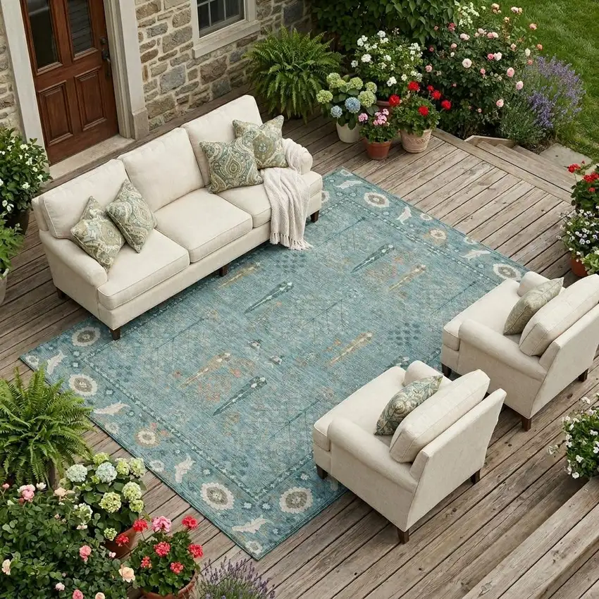 Teal Blue And Silver Oriental Washable Indoor Outdoor Area Rug Photo 1