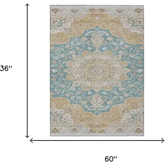 Teal Blue And Silver Oriental Washable Indoor Outdoor Area Rug Photo 5