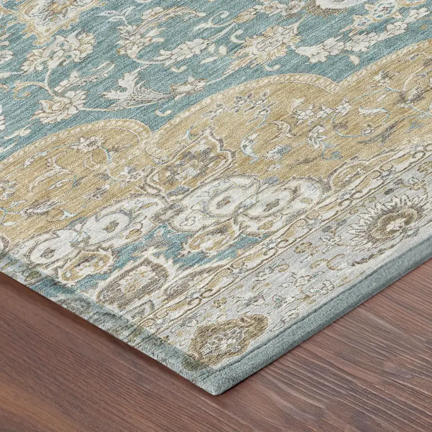 Teal Blue And Silver Oriental Washable Indoor Outdoor Area Rug Photo 3