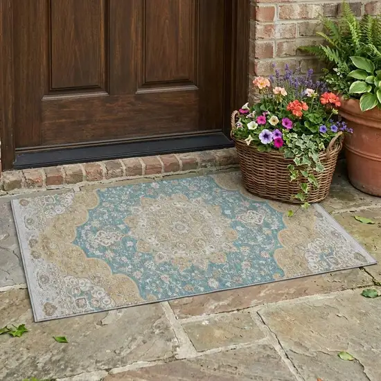 Teal Blue And Silver Oriental Washable Indoor Outdoor Area Rug Photo 1