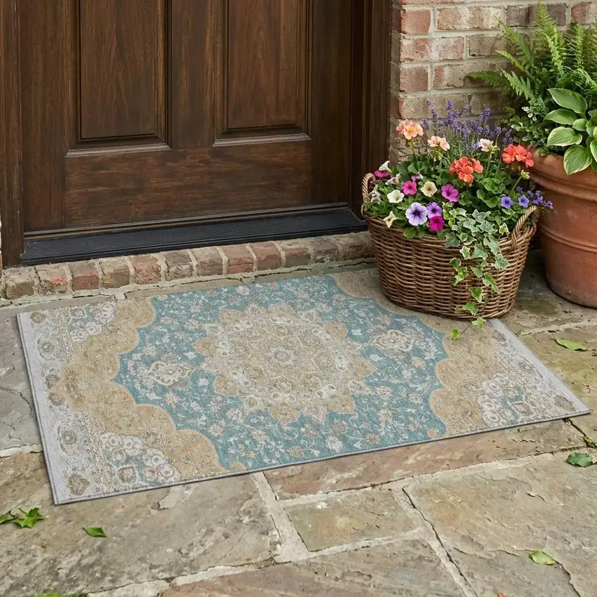 Teal Blue And Silver Oriental Washable Indoor Outdoor Area Rug Photo 1