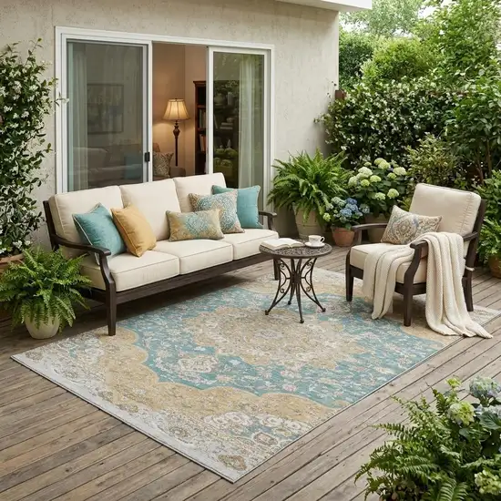 Teal Blue And Silver Oriental Washable Indoor Outdoor Area Rug Photo 1