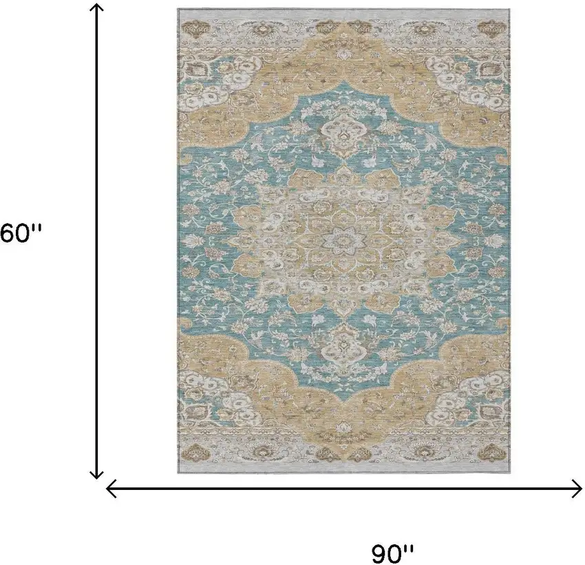 Teal Blue And Silver Oriental Washable Indoor Outdoor Area Rug Photo 5