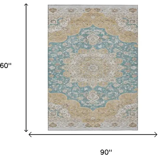 Teal Blue And Silver Oriental Washable Indoor Outdoor Area Rug Photo 5