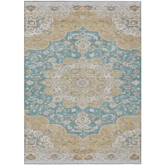 Teal Blue And Silver Oriental Washable Indoor Outdoor Area Rug Photo 2