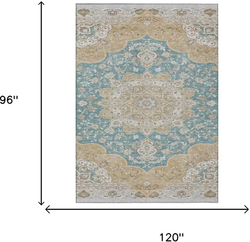 Teal Blue And Silver Oriental Washable Indoor Outdoor Area Rug Photo 5