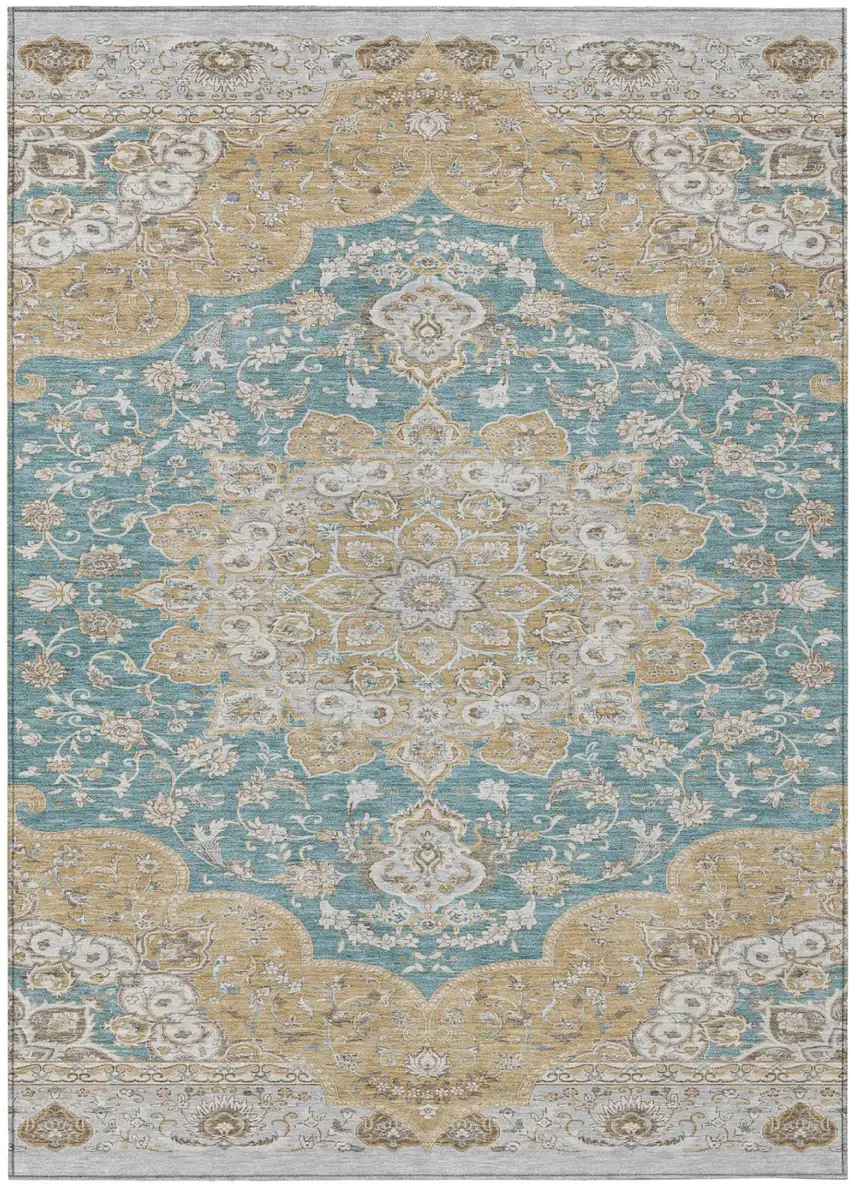 Teal Blue And Silver Oriental Washable Indoor Outdoor Area Rug Photo 2