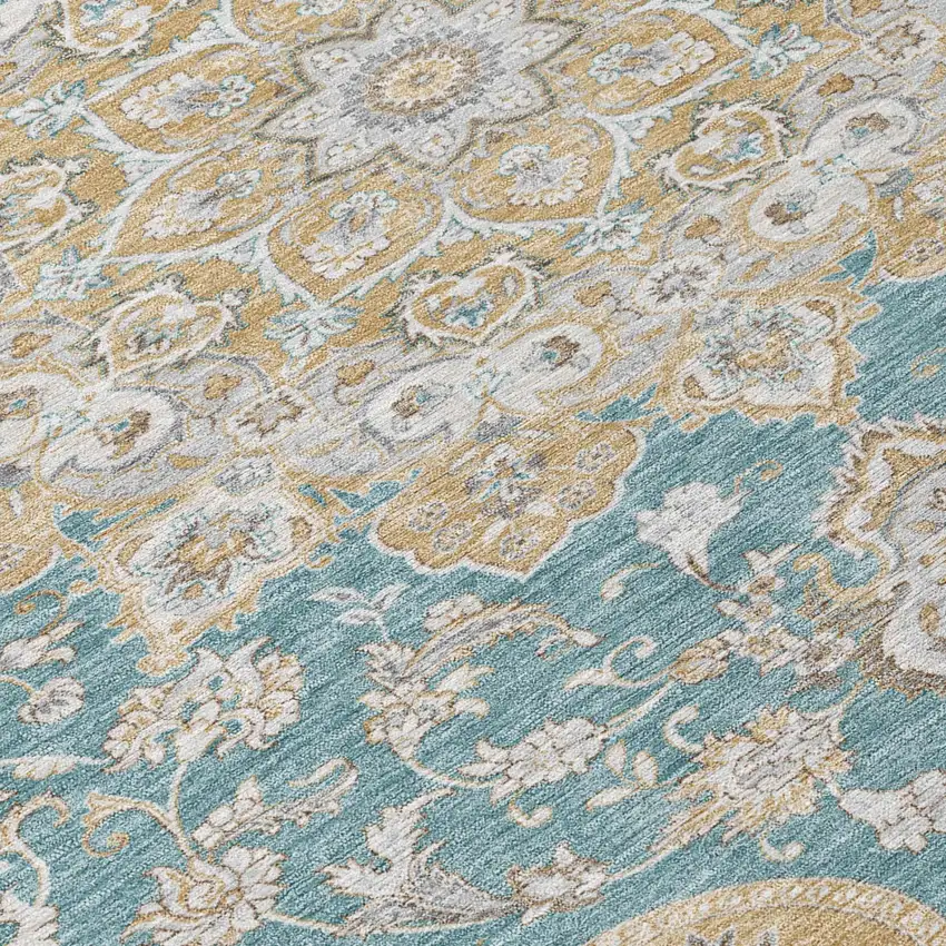 Teal Blue And Silver Oriental Washable Indoor Outdoor Area Rug Photo 4