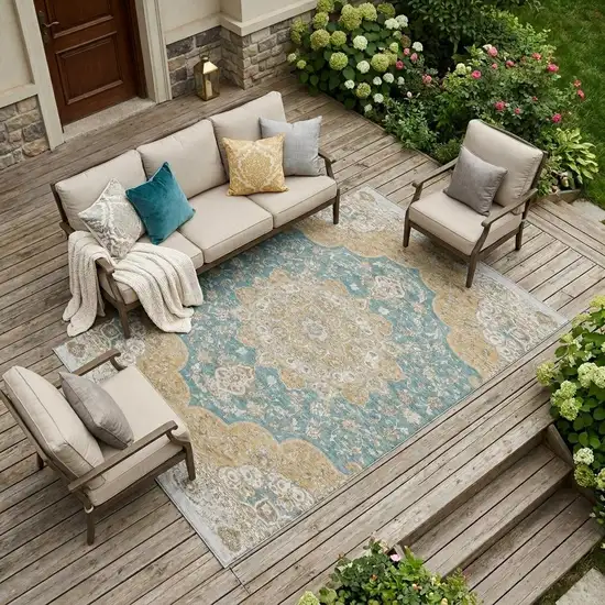 Teal Blue And Silver Oriental Washable Indoor Outdoor Area Rug Photo 1