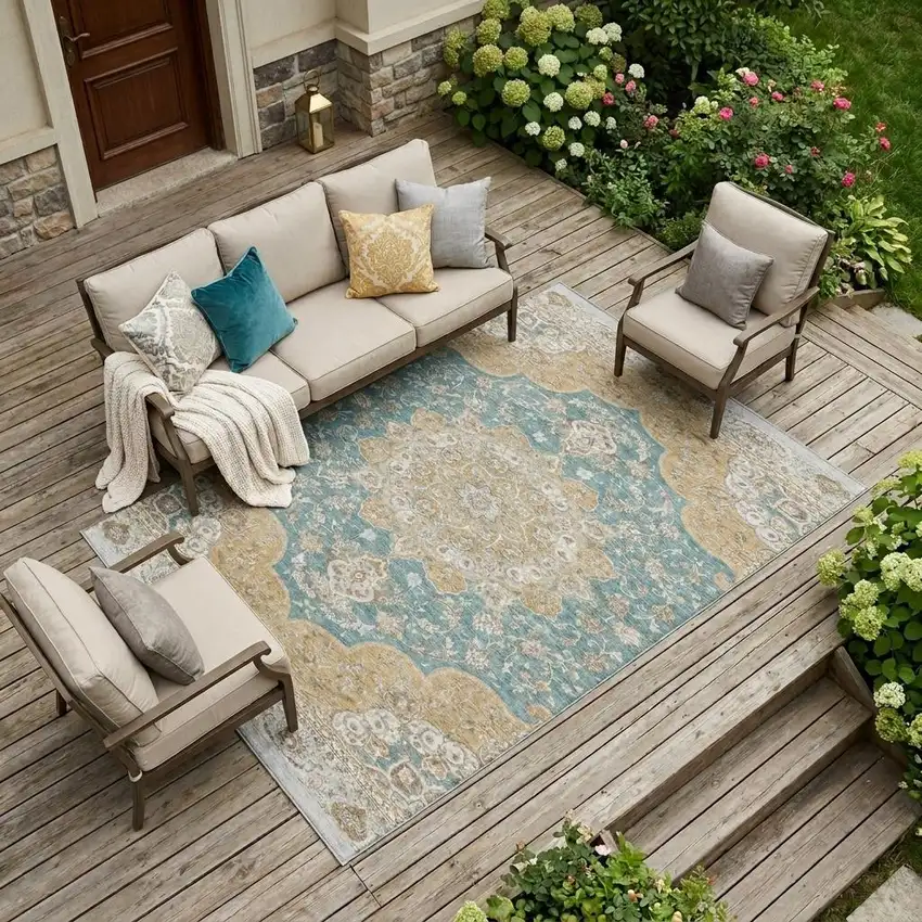 Teal Blue And Silver Oriental Washable Indoor Outdoor Area Rug Photo 1