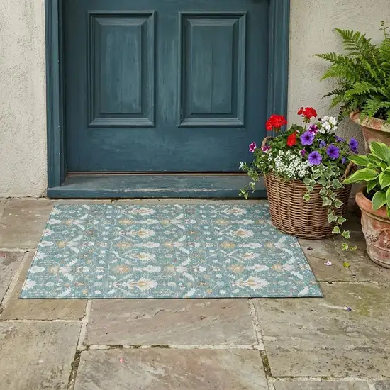 Teal Blue And Silver Oriental Washable Indoor Outdoor Area Rug Photo 1