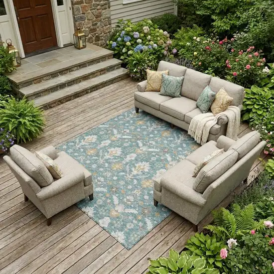 Teal Blue And Silver Oriental Washable Indoor Outdoor Area Rug Photo 1